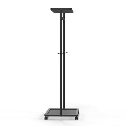 Garderobenständer in Schwarz mit Ablageflächen und Rädern für leichte Mobilität.