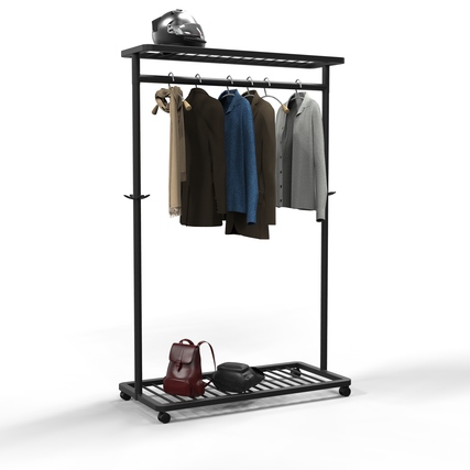 Design-Garderobenständer mit Kleiderstange, Ablageflächen und Rollen zur einfachen Mobilität.
