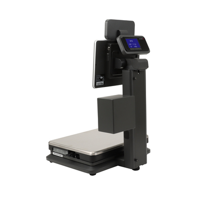 Registrierkasse mit integrierter Waage und großem Display in seitlicher Ansicht.