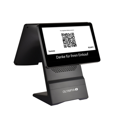 Registrierkasse Olympia T400DK mit Bildschirm und QR-Code für digitale Zahlungen.