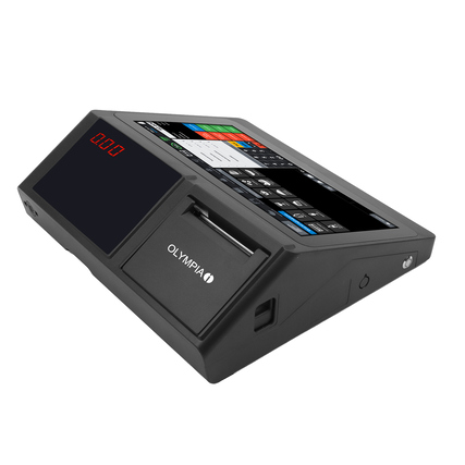 Registrierkasse mit grafischem Bonlogo, geeignet für Handel und Gastro, mit digitalem Display.