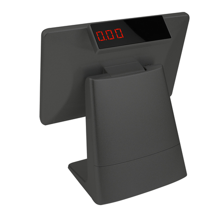 Touchscreen Registrierkasse in Schwarz mit digitalen Anzeigen und Scanner.