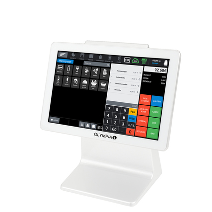 Touchscreen-Registrierkasse Olympia TS10 in Weiß mit eingebautem Scanner und grafischem Bonlogo.