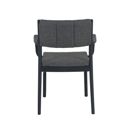 Schwarzer Gartenstuhl Rocco mit gepolsterter Sitzfläche und ergonomischen Armlehnen, Rückansicht.