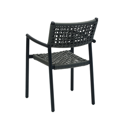 Schwarzer Gartenstuhl Ember mit geflochtenem Sitz und Rückenlehne, Ansicht von hinten.