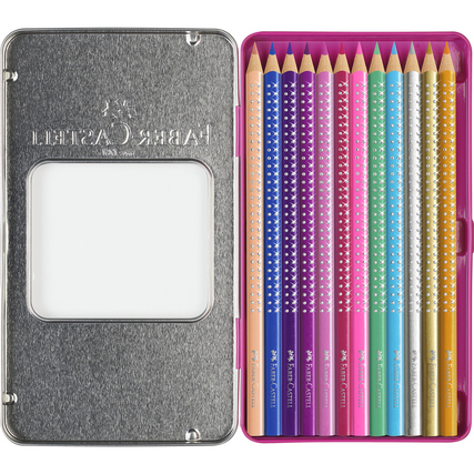 Buntstifte in glitzerndem Design, verpackt in einem metallischen Etui, mit 12 Farben.