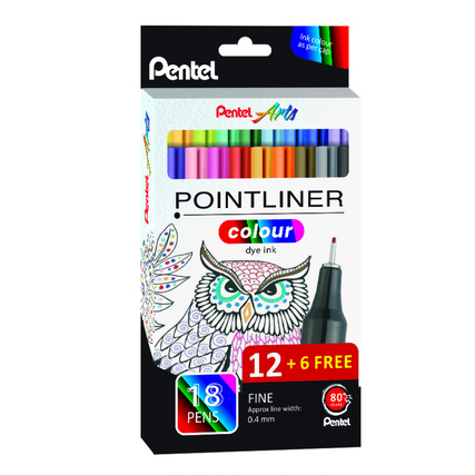 Pentel Fineliner Pointliner Colour Dye Ink 0,4mm farbig sortiert 18 St./Pack.