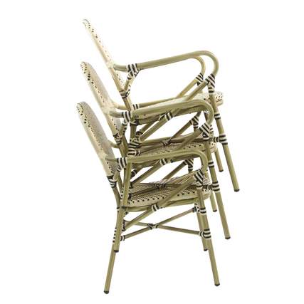 Stapelsitz aus weißem und schwarzem Material, Rückenlehne mit geflochtenem Muster.