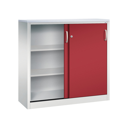 Stahl-Schiebetürenschrank in rubinrot mit zwei Regalböden und einer Schiebetür.