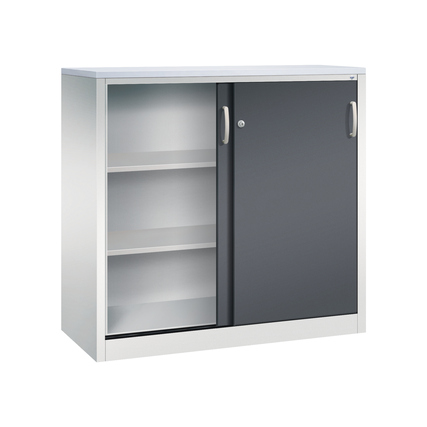 Schiebetürenschrank in schwarzgrau mit zwei Regalfächern und einer seitlichen Schiebetür.