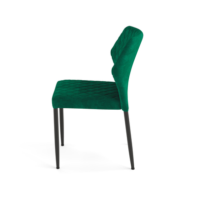 Seitenansicht eines modernen, grünen Velours-Stuhl mit schwarzem Gestell.