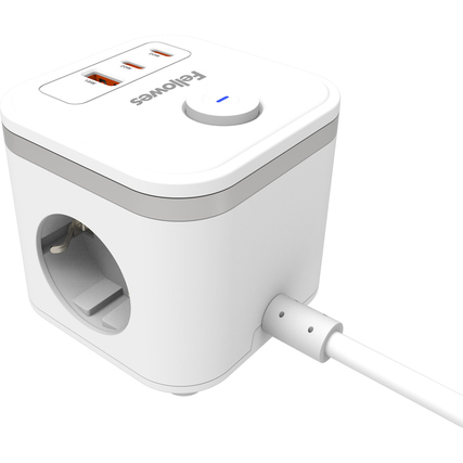 Kompakter Steckdosenwürfel mit mehreren Anschlüssen und einem integrierten Kabel.