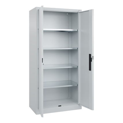 Werkzeugschrank Acurado in lichtgrau mit offenen Türen und fünf verstellbaren Regalen.