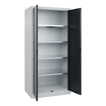 Werkzeugschrank Acurado in schwarzgrau mit offenen Türen und verstellbaren Regalen, Innenansicht.