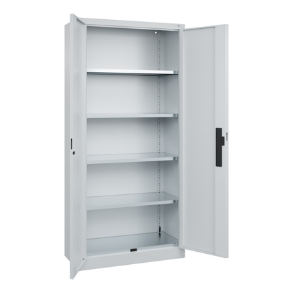 Flügeltürenschrank Acurado in lichtgrau mit fünf verstellbaren Regalböden und geöffneten Türen.