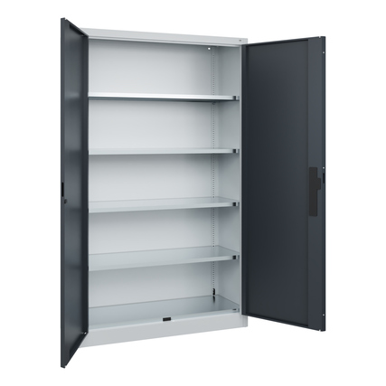 Flügeltürenschrank in schwarzgrau mit geöffneten Türen und fünf verstellbaren Regalböden.