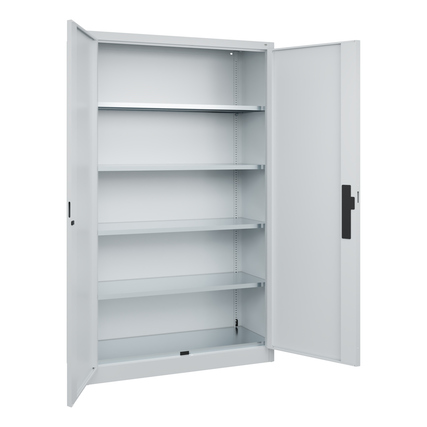 Flügeltürenschrank in lichtgrau mit offenen Türen und verstellbaren Regalen.