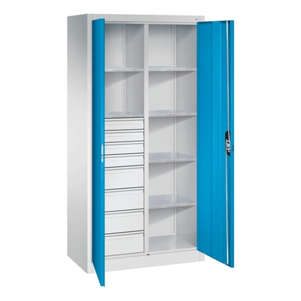 Werkzeugschrank Acurado in lichtblau mit 8 Schubladen und verstellbaren Regalböden.