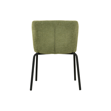 Rückansicht eines grünen Stuhls mit stabilem Metallrahmen und gepolstertem Sitz.