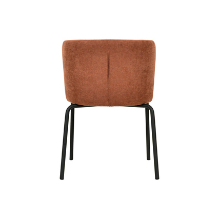 Rückansicht des braunen FEROS Stuhls Break mit schwarzem Metallrahmen.