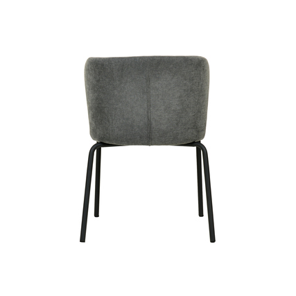 Dunkelgrauer Stuhl mit stabilem Metallrahmen und gepolstertem Rücken aus der Rückansicht.