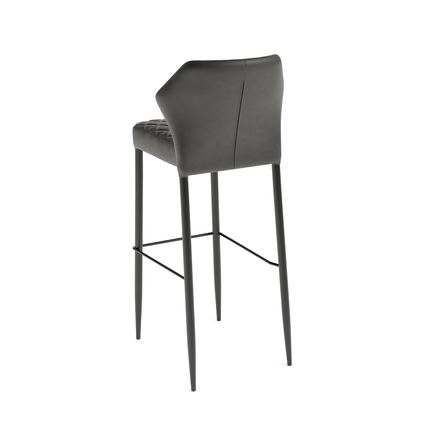 Schwarzer Barhocker mit Kunstlederbezug und markanter Rückenlehne, von hinten betrachtet.