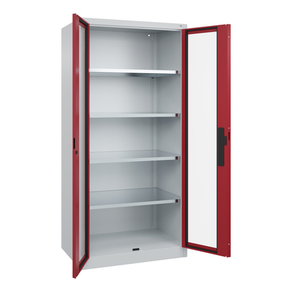 Werkzeugschrank Acurado in rubinrot, offene Türen mit Sichtfenster, Innenfächer verstellbar.