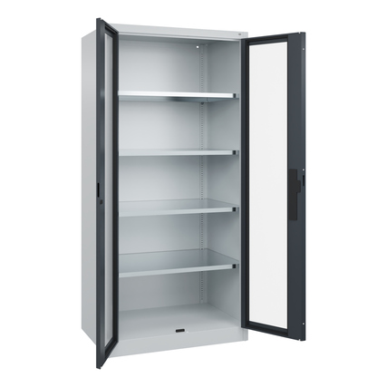 Werkzeugschrank Acurado in schwarzgrau mit innenliegenden Regalen und Türen mit Sichtfenster.