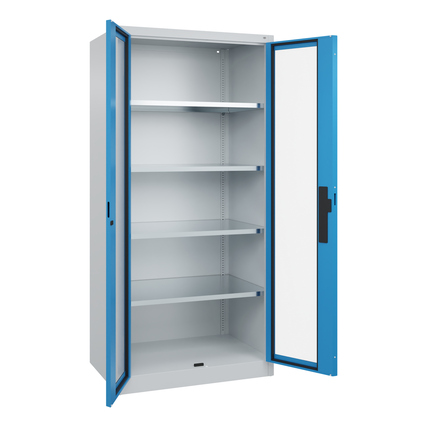 Werkzeugschrank Acurado in lichtblau mit offenen Türen und verstellbaren Regalböden.