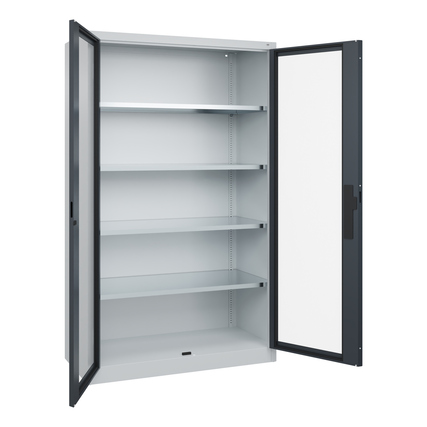 Werkzeugschrank Acurado mit geöffneten Türen und mehreren Regalböden in schwarzgrau.
