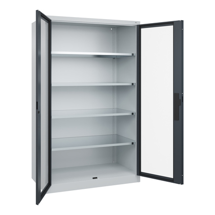 Werkzeugschrank Acurado mit offenen Türen, fünf höhenverstellbaren Regalböden und Sichtfenster.
