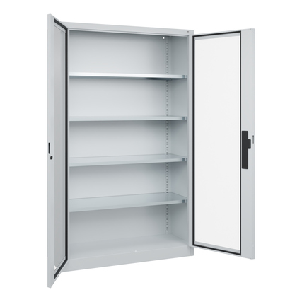 Werkzeugschrank Acurado in lichtgrau mit offenen Türen und einstellbaren Regalböden.