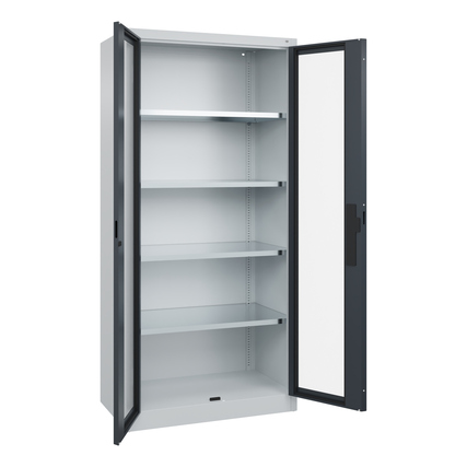 Werkzeugschrank Acurado in schwarzgrau mit offenen Türen und verstellbaren Regalen innen.