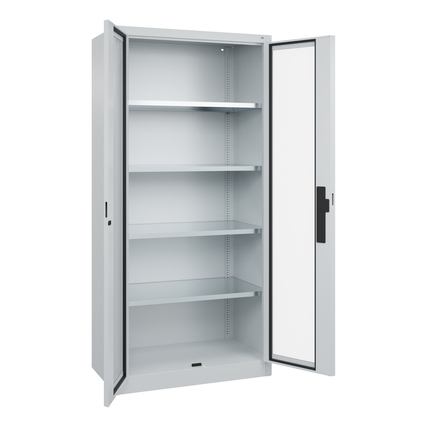 Werkzeugschrank mit zwei Türen, Sichtfenster aus Acrylglas und mehreren höhenverstellbaren Regalen.