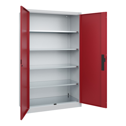 Flügeltürenschrank Acurado in rubinrot mit geöffneten Türen und verstellbaren Regalböden.