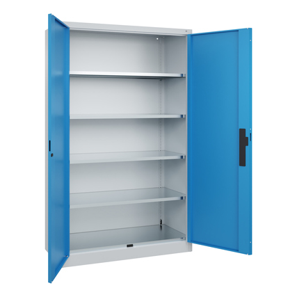 Flügeltürenschrank in lichtblau mit geöffneten Türen und fünf verstellbaren Einlegeböden.