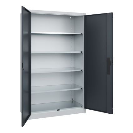 Flügeltürenschrank in schwarzgrau mit zwei Türen und mehreren höhenverstellbaren Einlegeböden.