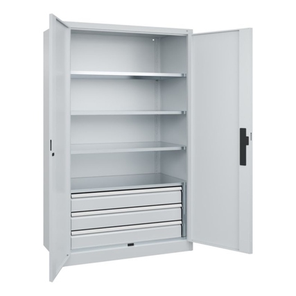 Werkzeugschrank Acurado in lichtgrau mit offenem Design, vier Schubladen und einstellbaren Regalen.