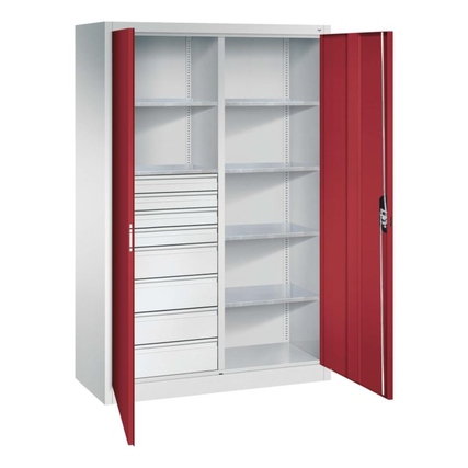 Werkzeugschrank Acurado mit 8 Schubladen und offenen Türen, Innenausstattung regulierbar.