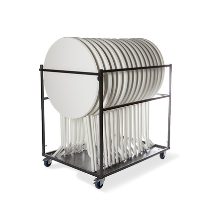 Transportwagen mit gestapelten, runden Stehtischen und stabiler Konstruktion auf Rollen.