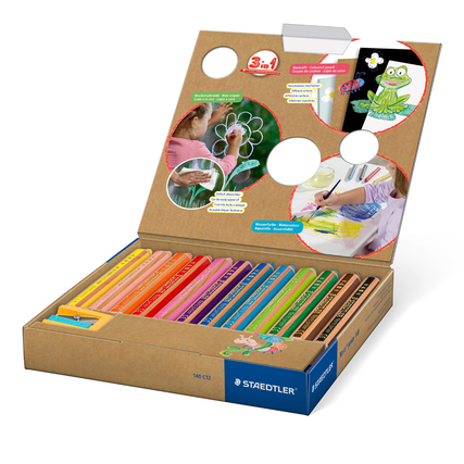 Kartonverpackung mit 12 bunten STÄDTLER® Buntstiften und Anwendungsbeispielen.