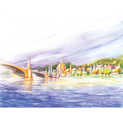 Aquarellzeichnung einer Stadtlandschaft mit Brücke, Hügeln und bunten Häusern im Vordergrund.