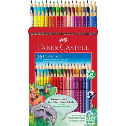 Faber-Castell Buntstiftset mit 36 wasservermalbaren Farbstiften in einer roten Verpackung.