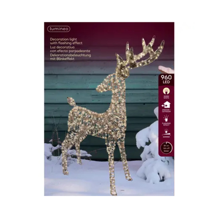 Lichtfigur in Rentierform, goldfarben, beleuchtet mit warmweißen LEDs, 65 x 130 x 18 cm.