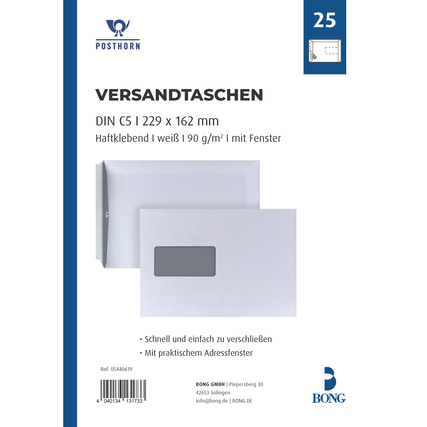 POSTHORN Versandtasche DIN C5 162 x 229 mm (B x H) mit Haftklebung mit Fenster 90g/m² ohne Fadenverstärkung weiß 25 St./Pack.