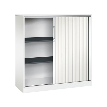 C+P Rollladenschrank Asisto mit schwenkbarer Tür und zwei verstellbaren Regalen, in verkehrsweiß.