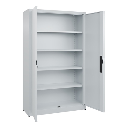 Flügeltürenschrank mit offenen Türen, Innenregalen und lichtgrauer Stahlkonstruktion.