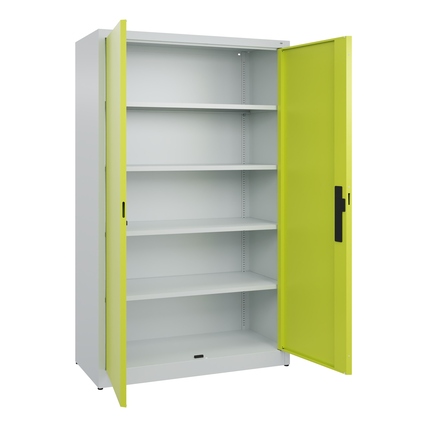 Büroschrank mit Flügeltüren in clowngrün und mehreren höhenverstellbaren Regalböden.
