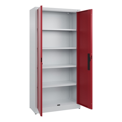Büroschrank mit zwei Flügeltüren, rot und silber, innen mit verstellbaren Regalen.