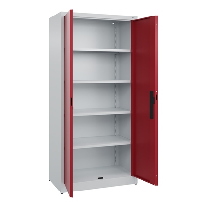 Büroschrank mit zwei roten Flügeltüren und vier Regalböden, innen weiß, aufgestellt.